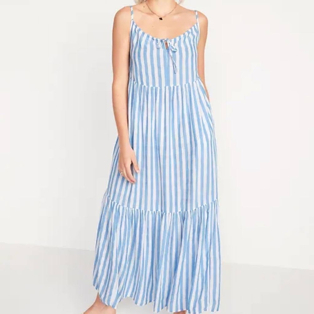 OLD NAVY Blue White Stripe Maxi Tiered Tie Front Dress with pockets Large Petite